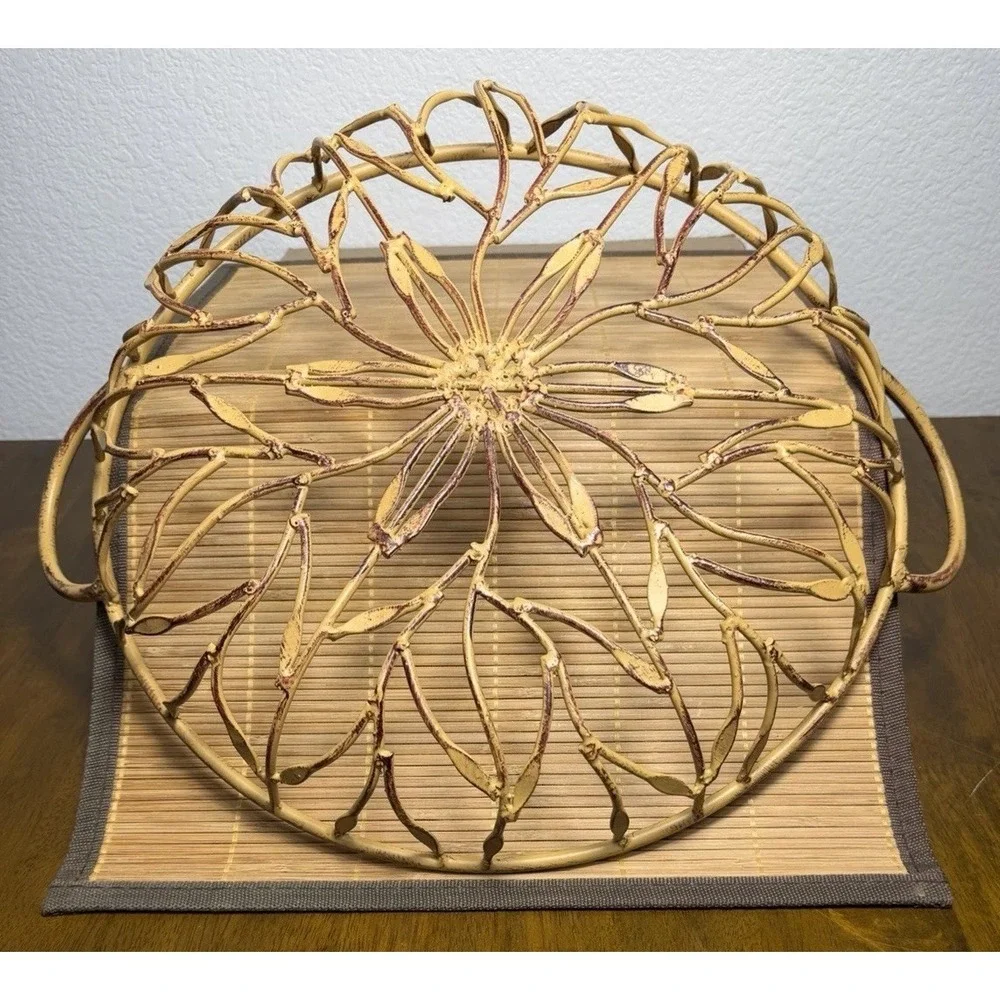 Vintage Rustic Shabby Chic Wrought Iron Gilded Flora Basket Golden Metal